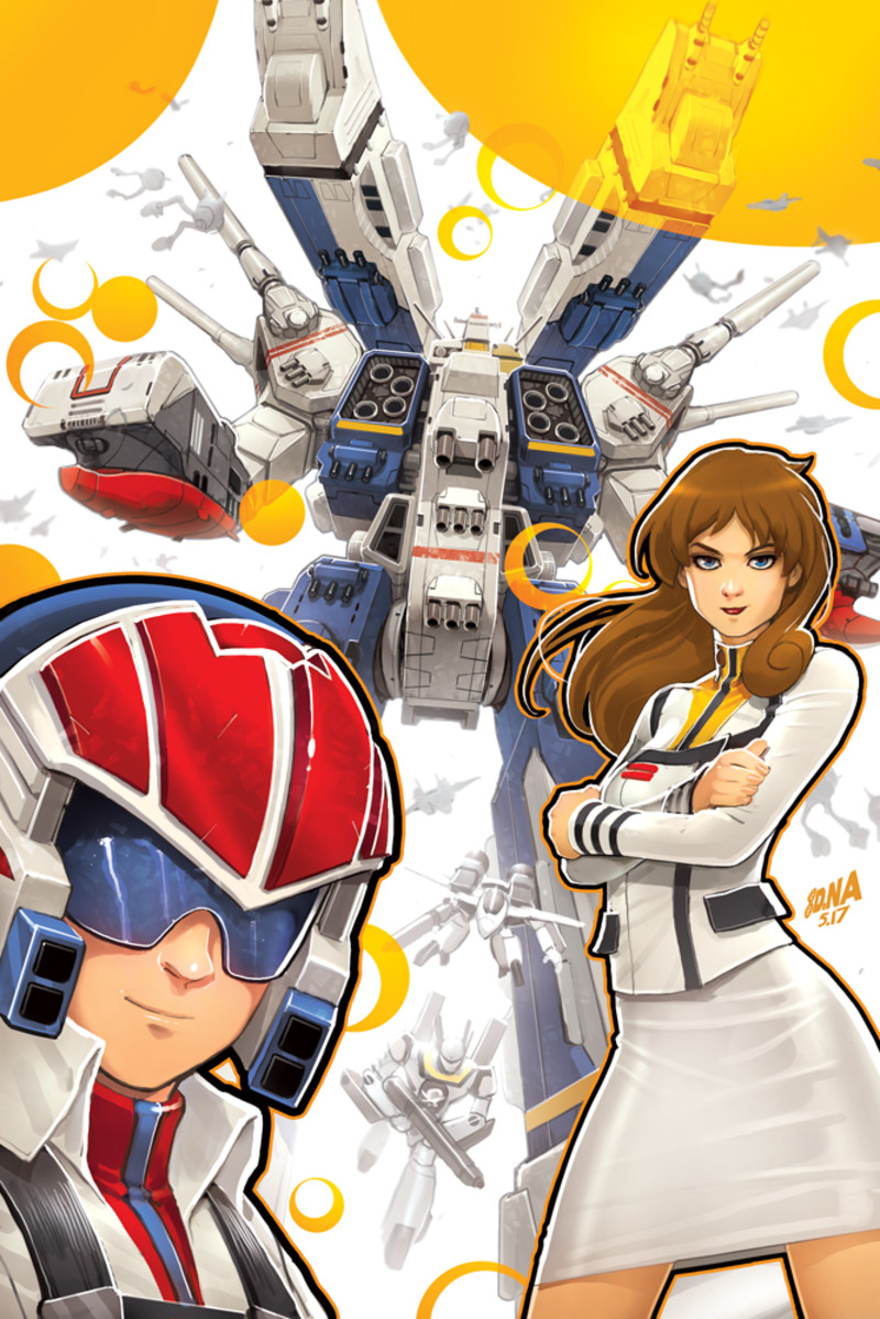 1boy, 1girl, alien, battle, brown_hair, choujikuu_yousai_macross, couple, crossed_arms