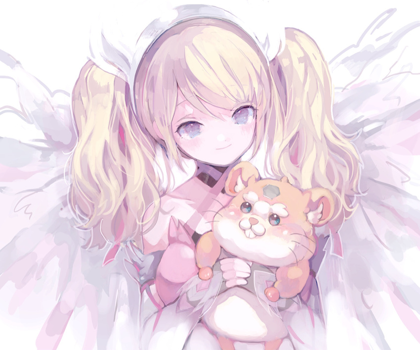 1girl, angel_wings, blonde_hair, blue_eyes, blush, dress, eyebrows_visible_through_hair, gloves