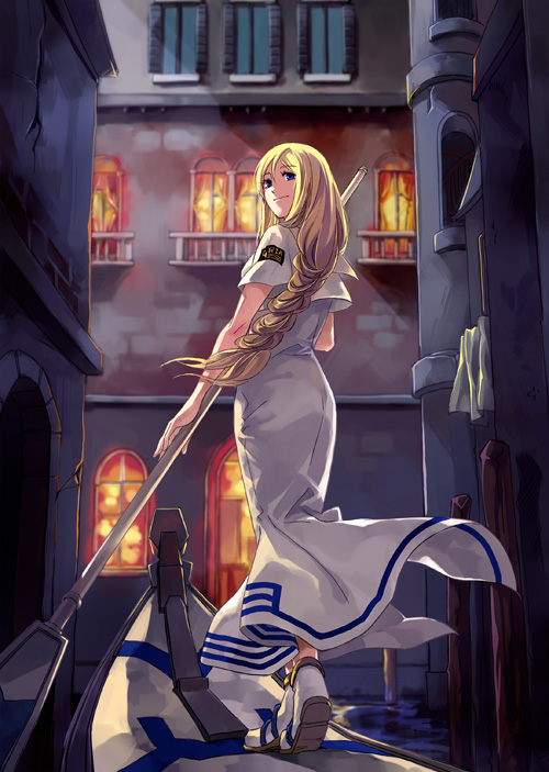 aria, blonde_hair, braid, canal, gondola, long_hair, neo-venezia, oar