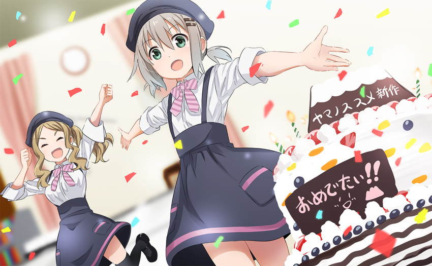 2girls, :d, abe_kanari, bangs, black_footwear, black_headwear, black_legwear, bow