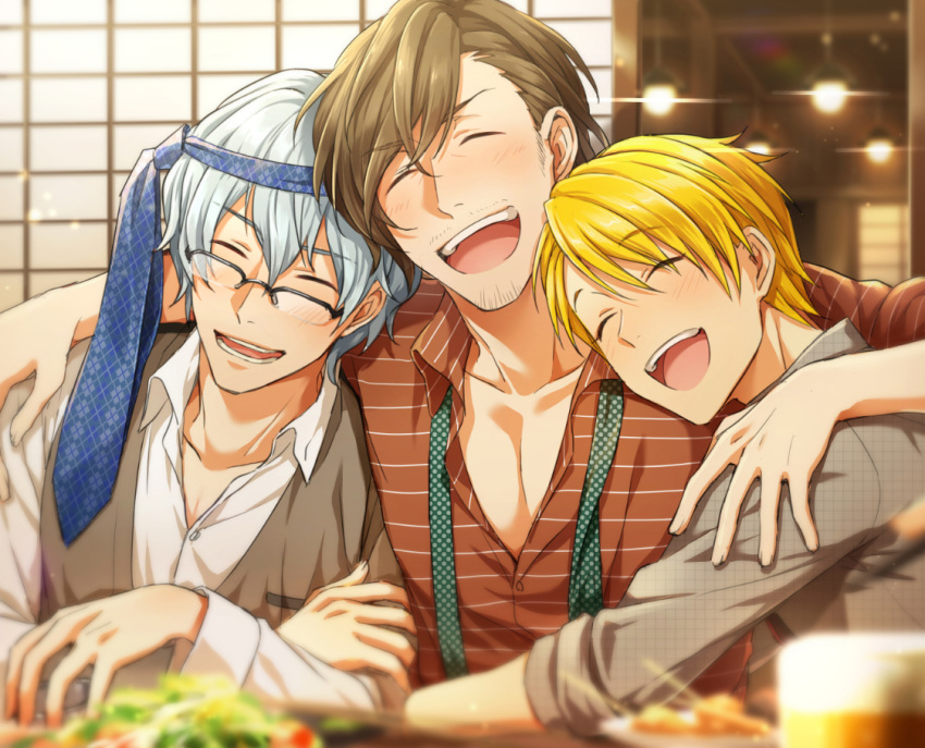 3boys, ^_^, ^o^, alcohol, argyle_neckwear, arm_around_neck, arm_around_shoulder, bangs
