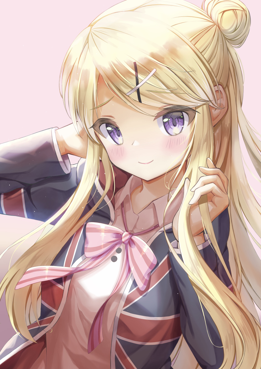 1girl, absurdres, arm_behind_head, bangs, blonde_hair, blush, bow, bowtie