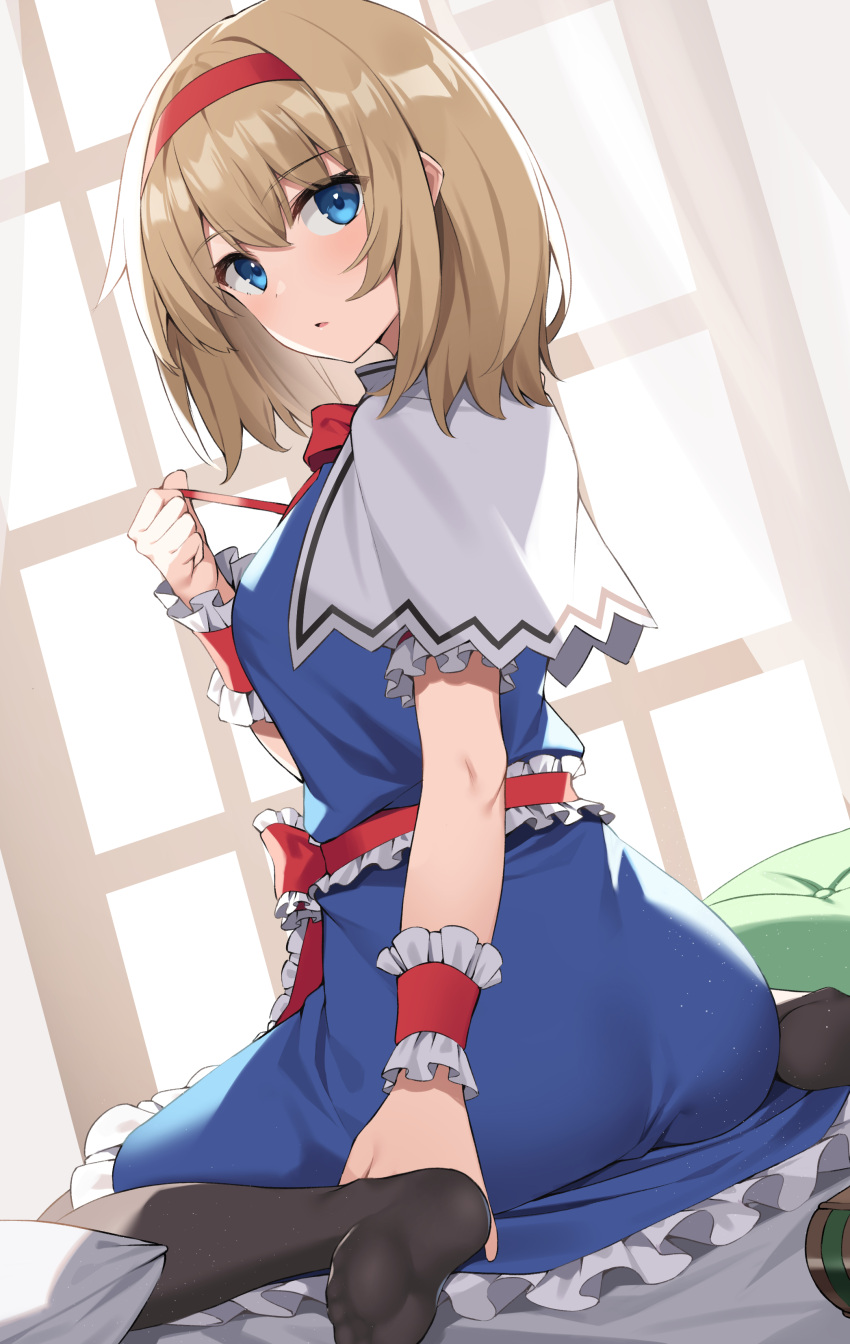 1girl, absurdres, alice_margatroid, ass, bangs, black_legwear, blonde_hair, blue_dress
