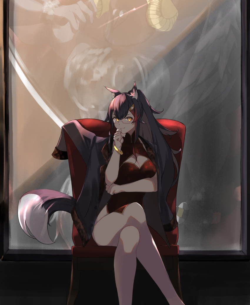 1girl, animal_ear_fluff, animal_ears, bangs, black_hair, breasts, chair, china_dress
