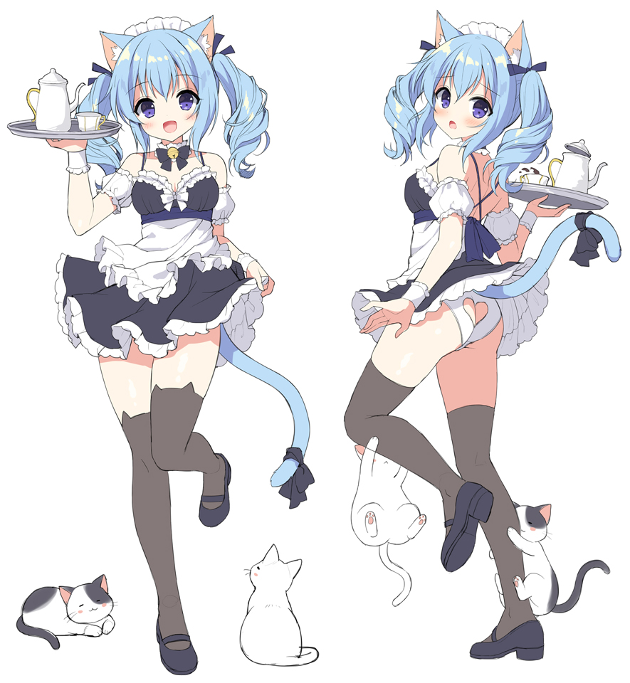 1girl, :d, :o, animal, animal_ear_fluff, animal_ear_legwear, animal_ears, apron