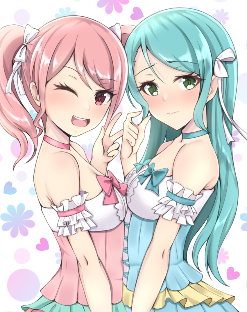 2girls, ;d, aqua_choker, aqua_dress, aqua_hair, arm_strap, asymmetrical_docking, bang_dream!, bangs, bare_shoulders, blush, breast_press, breasts, choker, closed_mouth, commentary_request, cosplay, dress, eyebrows_visible_through_hair, floral_background, green_eyes, hair_between_eyes, hair_ribbon, hand_up, heart, heart_background, highres, hikawa_hina_(cosplay), hikawa_sayo, long_hair, looking_at_viewer, maruyama_aya, multiple_girls, nanao_(naoekaki25), nose_blush, one_eye_closed, open_mouth, pink_choker, pink_dress, pink_eyes, pink_hair, ribbon, sidelocks, small_breasts, smile, standing, strapless, strapless_dress, twintails, upper_body, upper_teeth, v, white_background