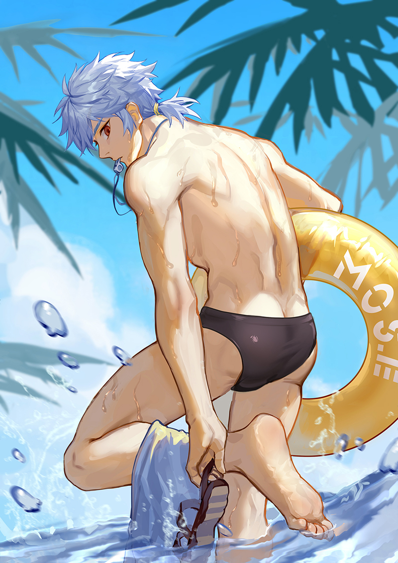 1boy, ass, barefoot, beach, black_male_swimwear, blue_hair, butt_crack, carrying_under_arm