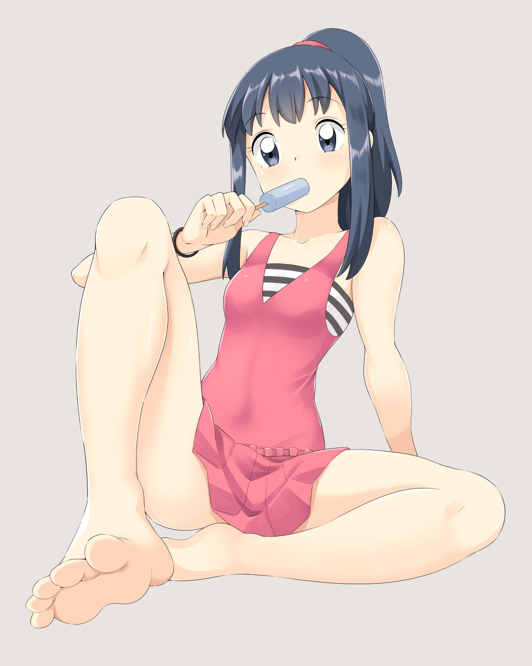 1girl, bangs, barefoot, black_hair, bracelet, collarbone, commentary, hikari_(pokemon)