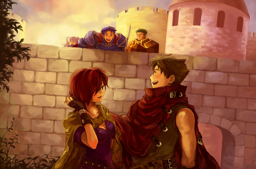 :d, brick_wall, castle, cloak, fingerless_gloves, fire_emblem, fire_emblem:_rekka_no_ken, gloves, guttary, hair_over_one_eye, hand_in_hair, hand_on_shoulder, hector, leila_(fire_emblem), matthew, open_mouth, oswin, peeping, red_hair, redhead, serra, short_hair, smile