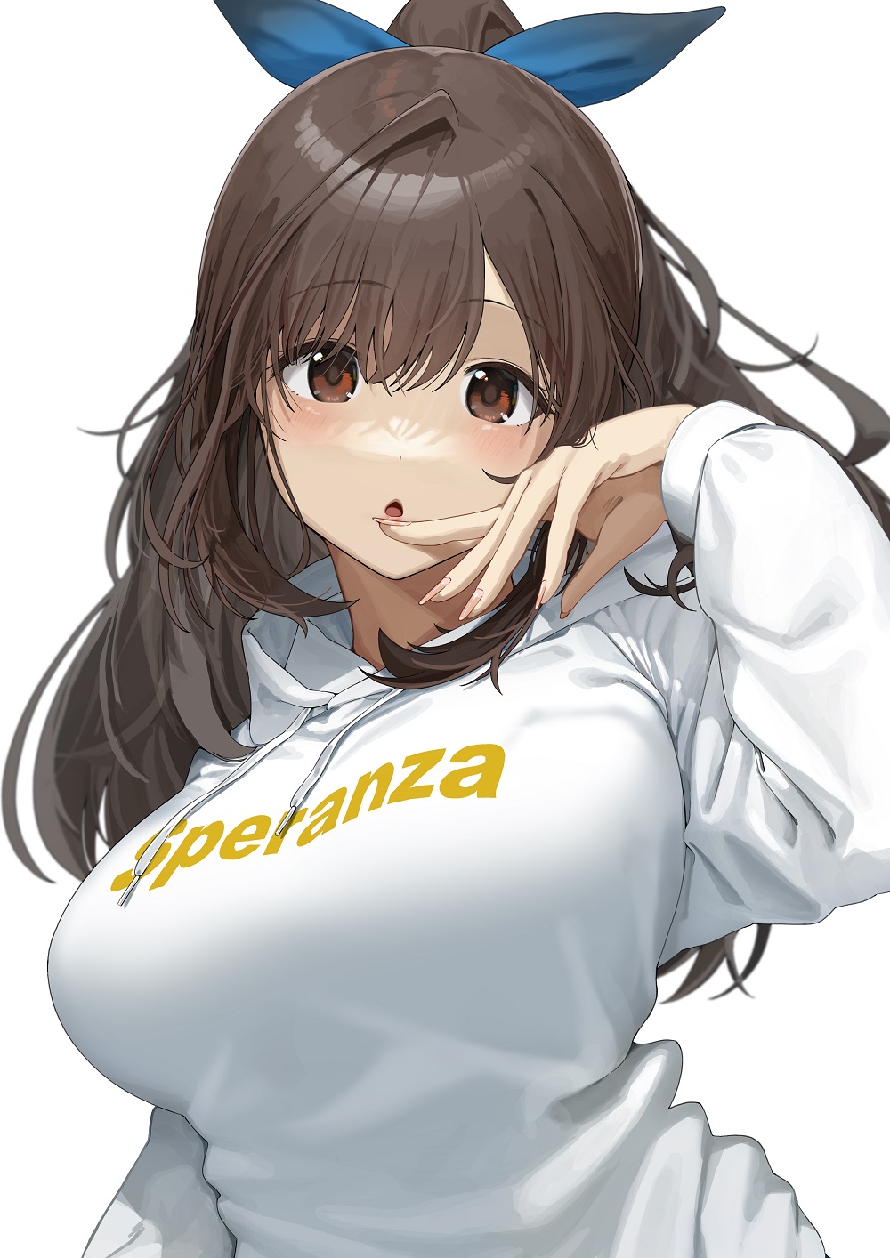 1girl, :o, arm_up, bangs, blue_ribbon, breasts, brown_hair, clothes_writing