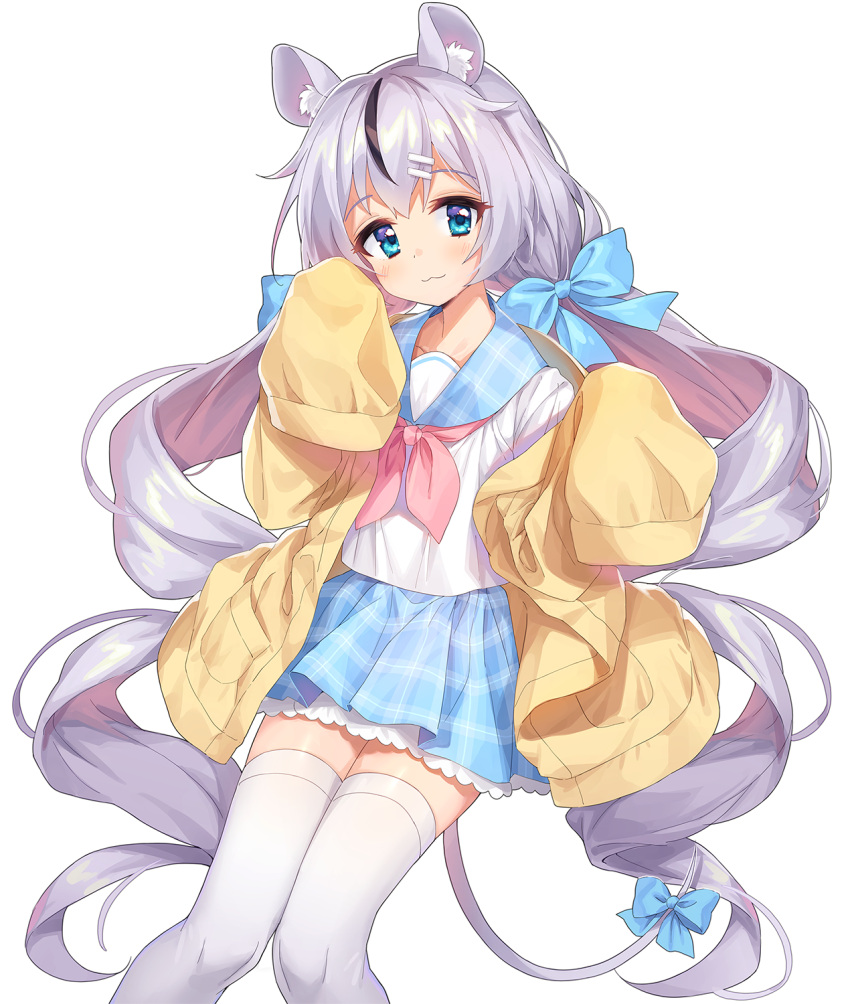 1girl, :3, animal_ear_fluff, animal_ears, bangs, black_hair, blue_bow, blue_eyes, blue_sailor_collar, blue_skirt, blush, bow, brown_cardigan, cardigan, chobi_(penguin_paradise), closed_mouth, commentary_request, eyebrows_visible_through_hair, feet_out_of_frame, grey_hair, hair_bow, hair_ornament, hairclip, highres, indie_virtual_youtuber, long_hair, long_sleeves, looking_at_viewer, low_twintails, mouse_ears, mouse_girl, mouse_tail, multicolored_hair, neckerchief, nezumi_nemurin_(vtuber), open_cardigan, open_clothes, pink_neckwear, plaid, plaid_sailor_collar, plaid_skirt, pleated_skirt, sailor_collar, school_uniform, serafuku, shirt, simple_background, skirt, sleeves_past_fingers, sleeves_past_wrists, solo, streaked_hair, tail, tail_bow, tail_ornament, thigh-highs, twintails, very_long_hair, virtual_youtuber, white_background, white_legwear, white_shirt