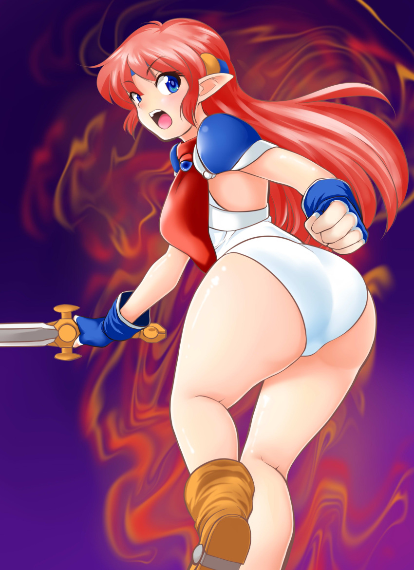 1girl, absurdres, armor, ass, aura, blue_eyes, blue_gloves, boots