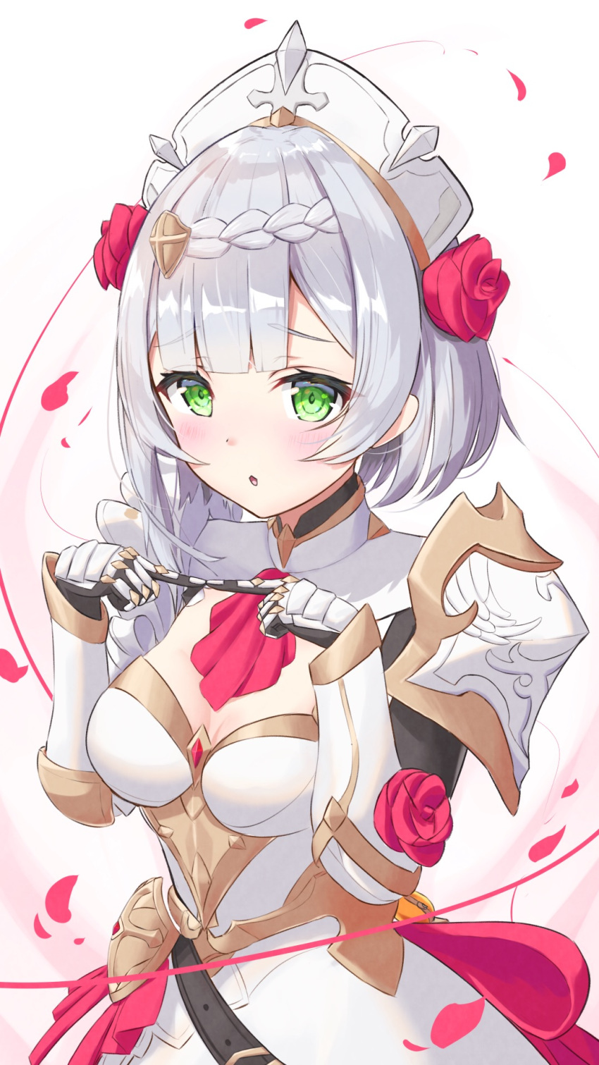 1girl, armor, armored_dress, bangs, blunt_bangs, blush, braid, braided_bangs