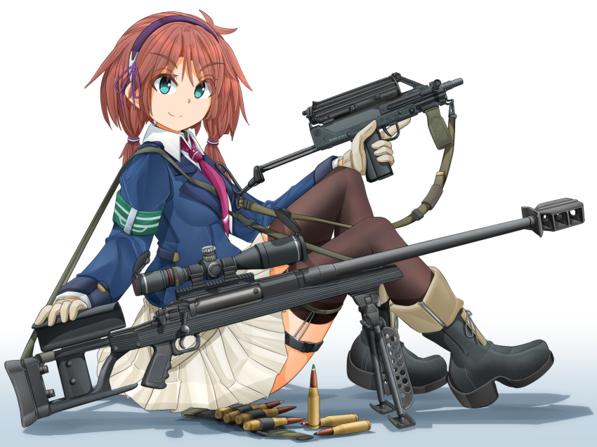 1girl, aqua_eyes, ar-50, armband, bangs, black_footwear, black_legwear, blue_hairband, blue_jacket, boots, brown_hair, bullet, closed_eyes, commentary_request, dress_shirt, english_commentary, eyebrows_visible_through_hair, garters, gloves, gun, hair_tie, hairband, highres, holding, holding_gun, holding_weapon, jacket, long_sleeves, looking_at_viewer, low_twintails, mac-10, medium_hair, mikeran_(mikelan), miniskirt, necktie, original, pleated_skirt, purple_neckwear, rifle, school_uniform, scope, shadow, shirt, sitting, skirt, smile, sniper_rifle, solo, submachine_gun, thigh-highs, thigh_strap, trigger_discipline, twintails, weapon, white_background, white_gloves, white_shirt, white_skirt, wing_collar