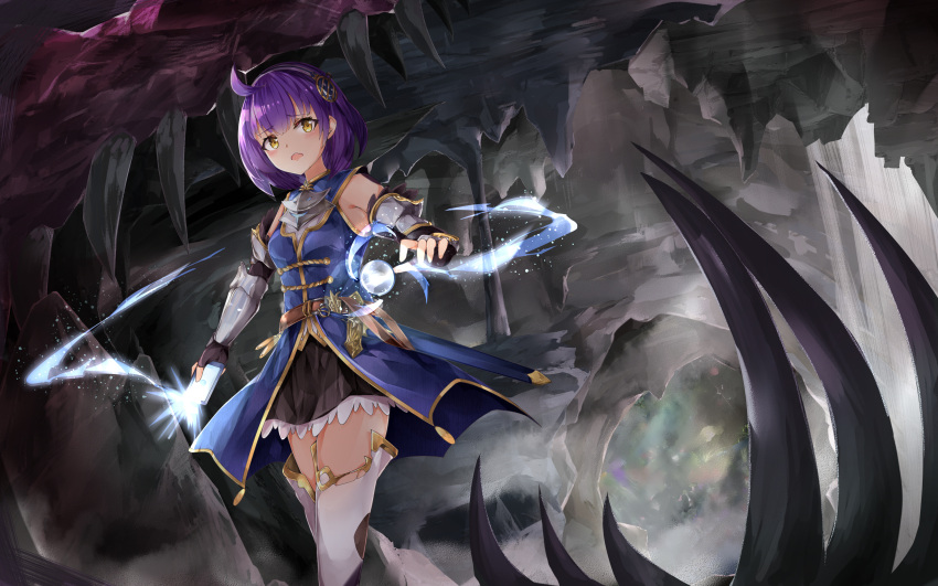 absurdres, ahoge, bare_shoulders, belt, black_skirt, blush, boots, cave