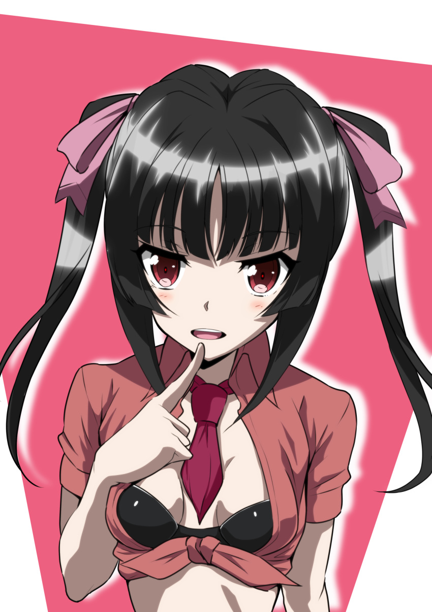 1girl, absurdres, black_bra, black_hair, blush, bra, breasts, eyebrows_visible_through_hair, finger_to_mouth, hair_ornament, hair_ribbon, highres, koyasu_kazu, looking_at_viewer, necktie, open_mouth, pink_background, pink_neckwear, red_eyes, ribbon, senki_zesshou_symphogear, shiny, shiny_hair, simple_background, small_breasts, smile, solo, teeth, tsukuyomi_shirabe, twintails, two-tone_background, underwear, upper_body, upper_teeth, white_background