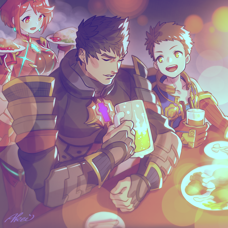1girl, 2boys, :d, alcohol, beer, black_hair, chest_jewel, cup, earrings, food, iroha_(akei0710), jewelry, malos_(xenoblade), mug, multiple_boys, open_mouth, pyra_(xenoblade), redhead, rex_(xenoblade), short_hair, smile, xenoblade_chronicles_(series), xenoblade_chronicles_2, yellow_eyes