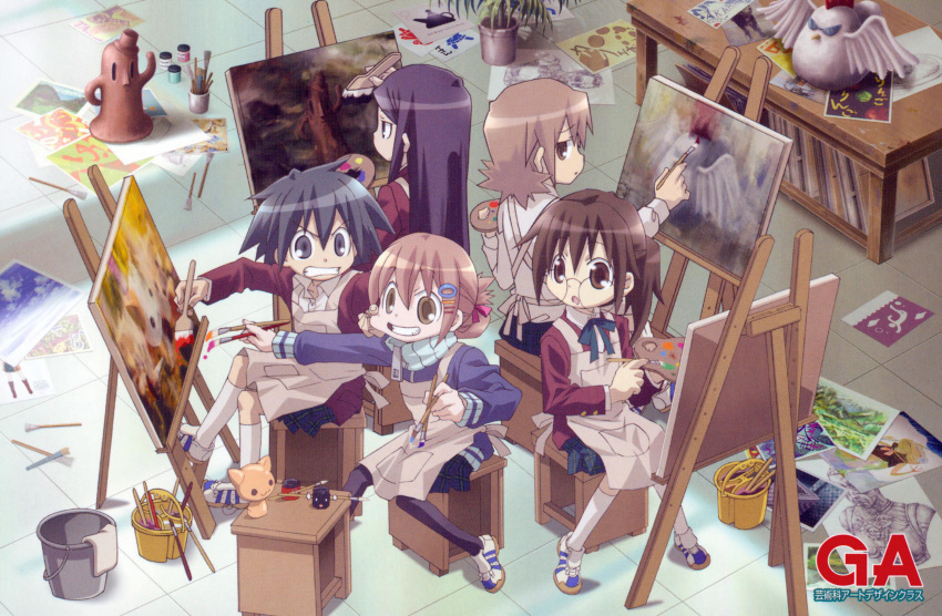 absurdres, angry, apron, black_hair, blue_eyes, blue_hair, brown_eyes, brown_hair