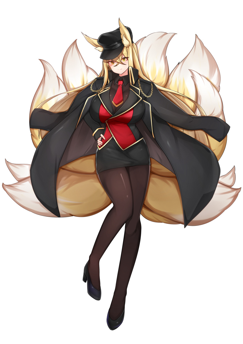1girl, absurdres, animal_ear_fluff, animal_ears, bangs, black_legwear, blonde_hair, breasts, crossed_bangs, fox_ears, fox_girl, hat, heavenly_hirume, high_heels, highres, huge_breasts, jacket, jacket_on_shoulders, kitsune, kumiho, kyuubi, last_origin, mapyarong, multiple_tails, necktie, pantyhose, simple_background, tail, white_background, yellow_eyes