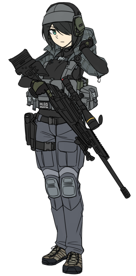1girl, bangs, beanie, black_gloves, black_hair, black_shirt, brown_footwear, closed_mouth, ear_protection, eyebrows_visible_through_hair, full_body, gloves, green_eyes, grey_headwear, grey_pants, gun, hair_over_one_eye, hand_up, hat, holding, holding_gun, holding_weapon, knee_pads, long_sleeves, ndtwofives, original, pants, rifle, shirt, shoes, simple_background, sniper_rifle, sniper_scope, solo, standing, trigger_discipline, weapon, weapon_request, white_background