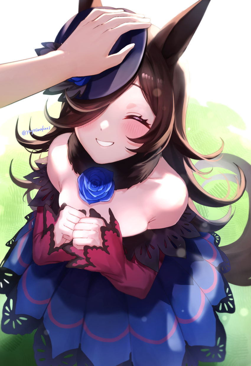 1girl, ^_^, absurdres, animal_ears, bangs, bare_shoulders, black_hair, blue_dress, blue_flower, blue_headwear, blue_rose, blush, breasts, closed_eyes, dress, eyebrows_visible_through_hair, facing_viewer, flower, hair_over_one_eye, hands_up, hat, hat_flower, highres, horse_ears, horse_girl, horse_tail, long_hair, long_sleeves, off-shoulder_dress, off_shoulder, out_of_frame, parted_lips, petting, rice_shower, rose, sleeves_past_wrists, small_breasts, smile, solo_focus, tail, tilted_headwear, twitter_username, umamusume, very_long_hair, yayoi_maka