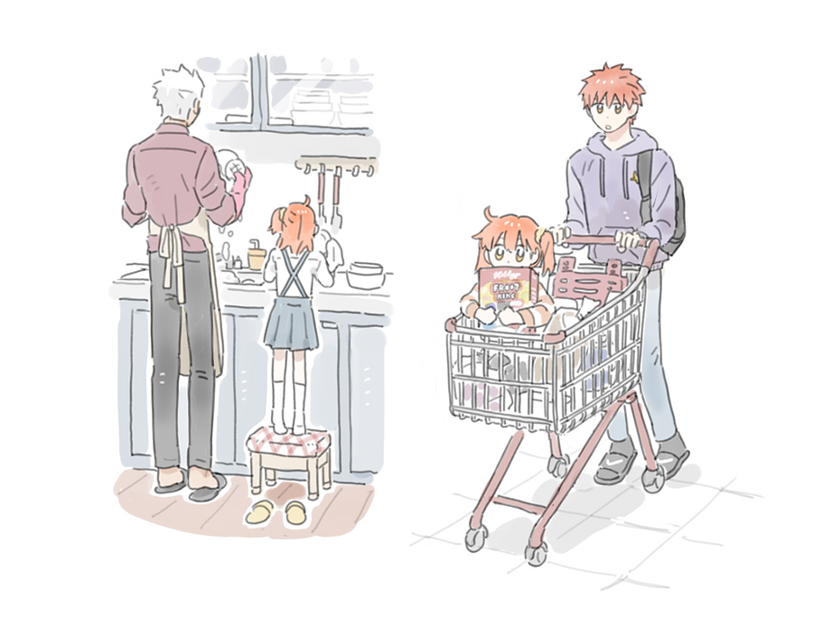 1girl, 2boys, ahoge, apron, archer, backpack, bag, brown_eyes, cczyjs, dishwashing, emiya_shirou, fate/grand_order, fate/stay_night, fate_(series), fujimaru_ritsuka_(female), height_difference, hood, hoodie, multiple_boys, orange_hair, scrunchie, shopping_cart, side_ponytail, simple_background, slippers, standing, stool, white_background, white_hair, younger