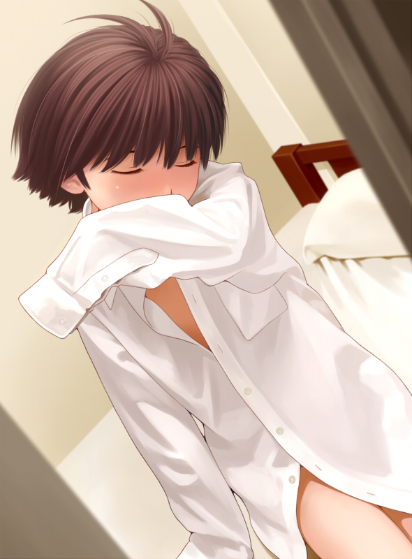 bed, bottomless, brown_hair, closed_eyes, dress_shirt, idolmaster, kikuchi_makoto, nekopuchi