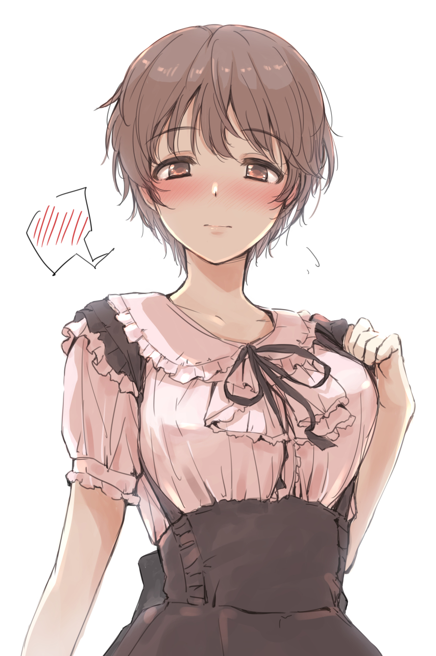 1girl, alternate_costume, black_skirt, blush, collarbone, embarrassed, enmaided, eyebrows_visible_through_hair