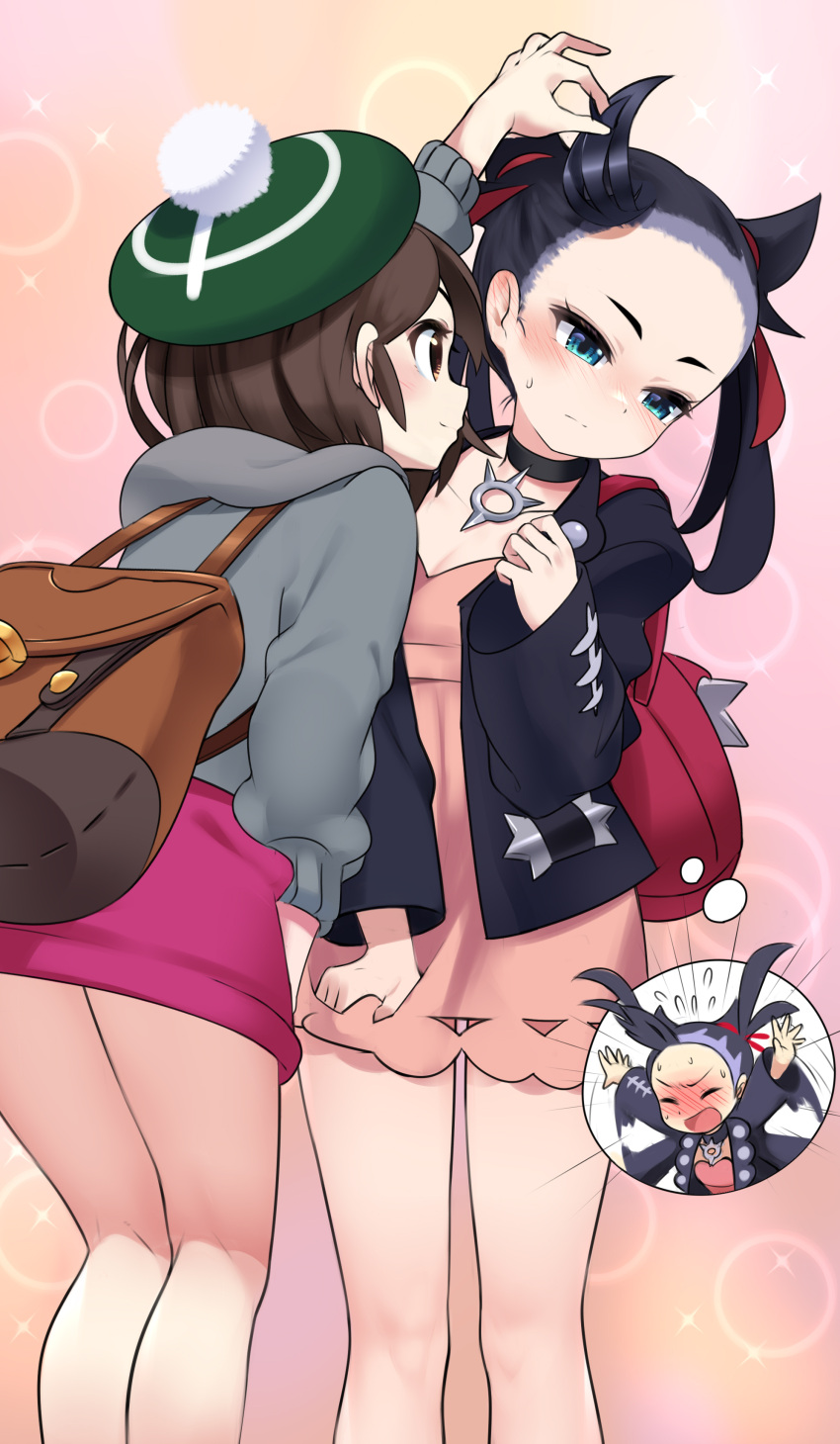 2girls, absurdres, backpack, bag, black_choker, black_hair, black_jacket, blush