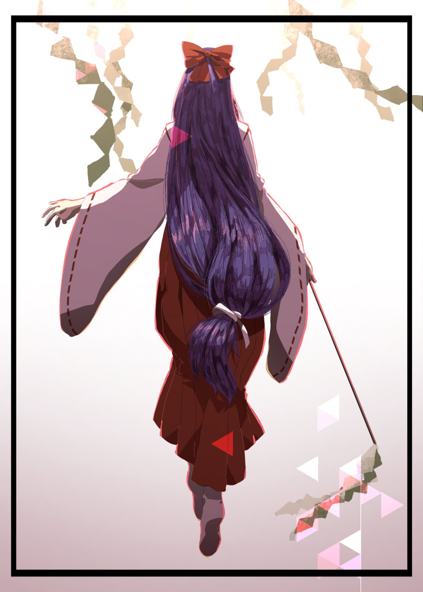 1girl, back, bow, full_body, gohei, hair_bow, hakurei_reimu, hakurei_reimu_(pc-98), highres, holding, holding_weapon, irohasu_(sasagarasu), japanese_clothes, long_hair, miko, pants, red_bow, red_pants, simple_background, socks, touhou, touhou_(pc-98), weapon, white_background, white_bow, wide_sleeves