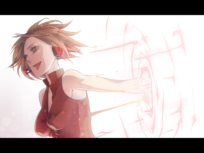 breasts, brown_hair, chikotsu, headset, letterboxed, light, meiko, red