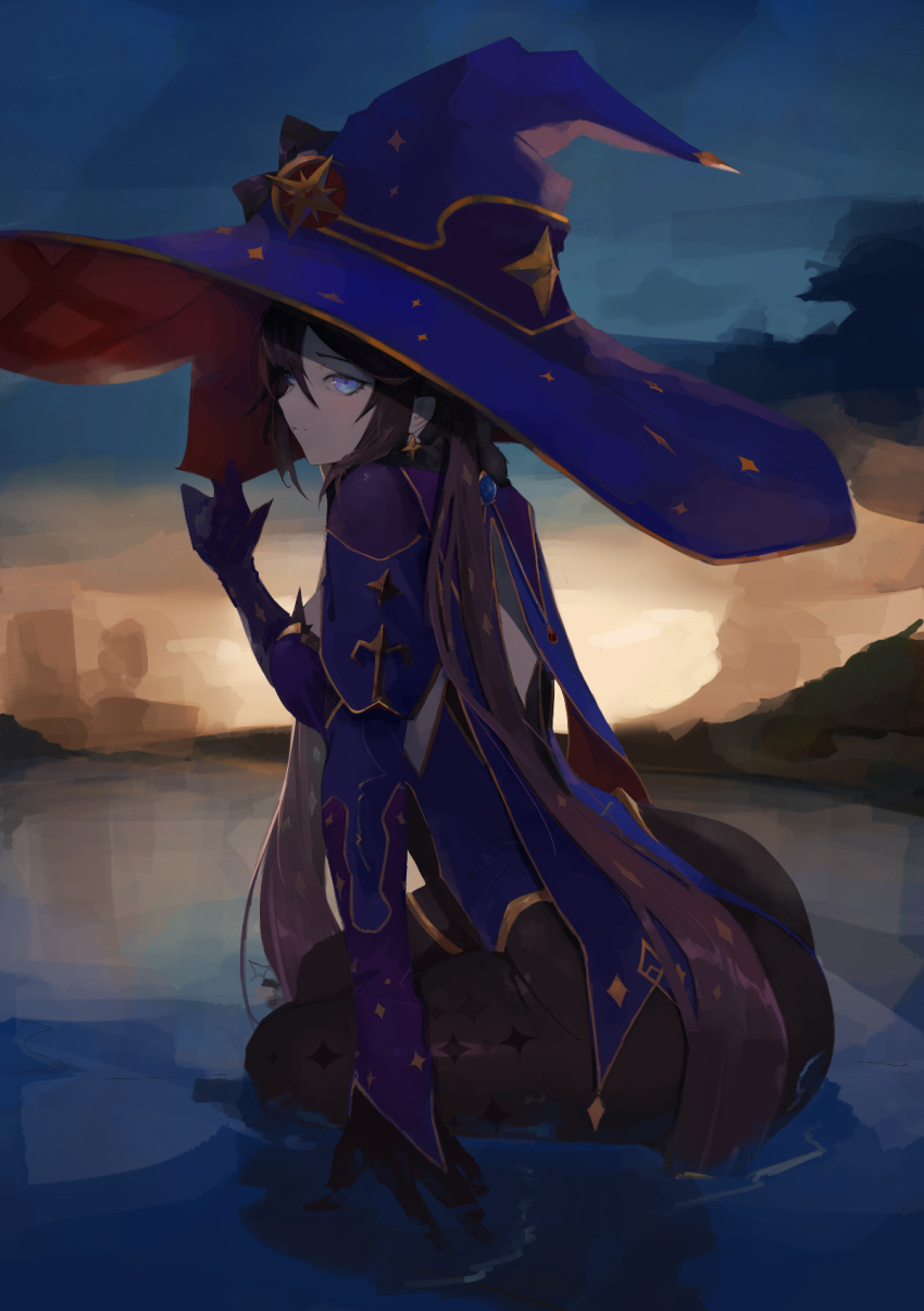 1girl, ass, black_gloves, black_hair, black_legwear, blue_capelet, blue_dress, blue_eyes