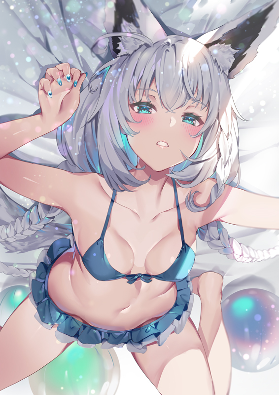 1girl, animal_ear_fluff, animal_ears, aqua_eyes, barefoot, bikini, bikini_bridge, bikini_skirt