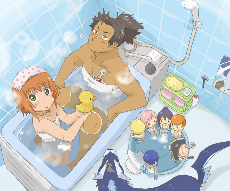 1girl, bath, black_hair, blonde_hair, blue_eyes, blue_hair, brown_hair, character_doll
