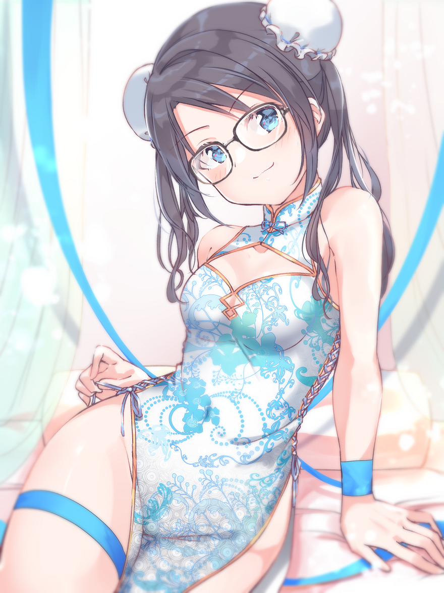 >:), 1girl, arm_support, bangs, bare_shoulders, black-framed_eyewear, black_hair, blue_dress