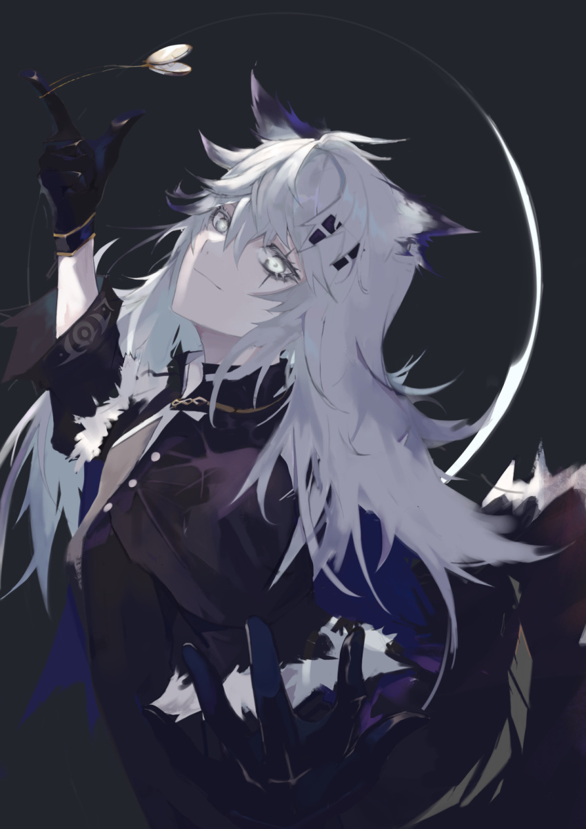 1girl, animal_ears, arknights, black_background, black_coat, black_dress, black_gloves, breasts, closed_mouth, coat, commentary, dress, finger_twirl, fur-trimmed_coat, fur_trim, gloves, grey_eyes, hair_between_eyes, hair_ornament, hairclip, highres, lappland_(arknights), lappland_(refined_horrormare)_(arknights), light_smile, long_hair, looking_at_viewer, medium_breasts, mm30212, open_clothes, open_coat, outstretched_hand, pocket_watch, scar, scar_across_eye, simple_background, smile, solo, upper_body, watch, white_hair, wolf_ears