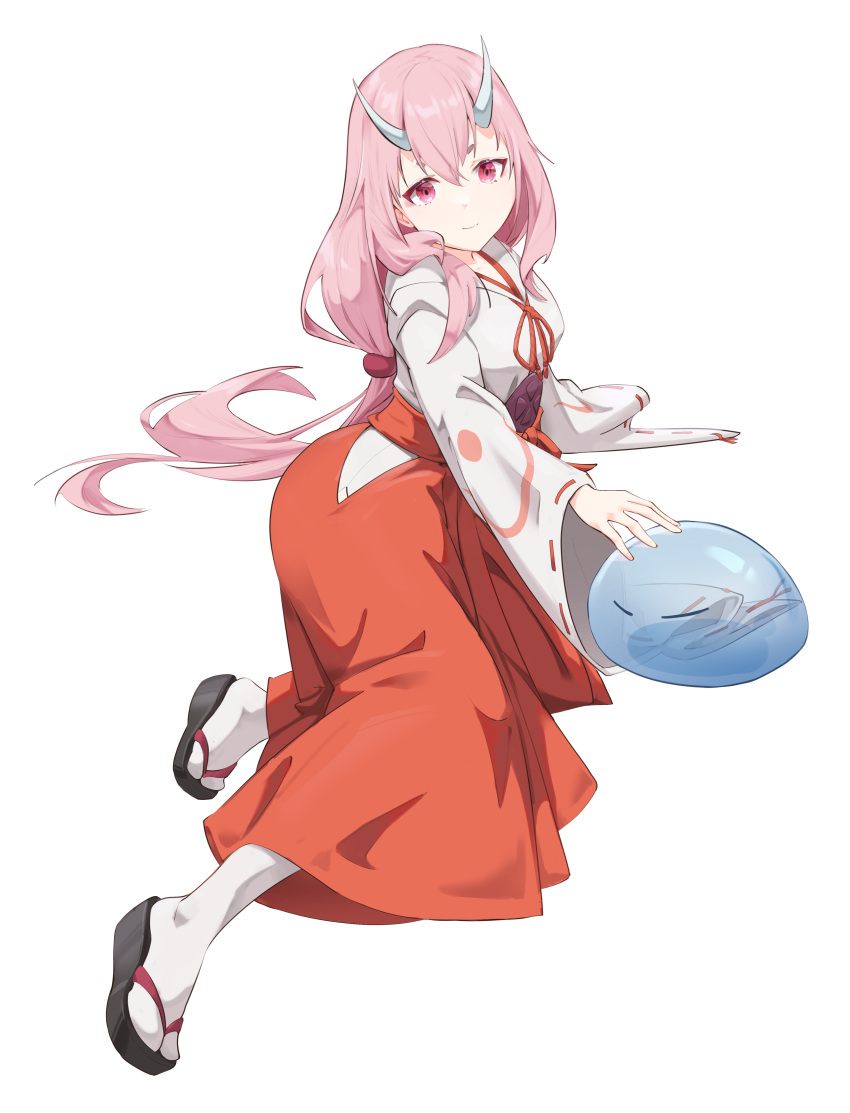 1girl, 1other, absurdres, geta, hakama, highres, horns, japanese_clothes