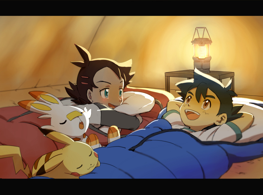 2boys, antenna_hair, arms_behind_head, ash_ketchum, black_hair, blue_eyes, blush, brown_eyes