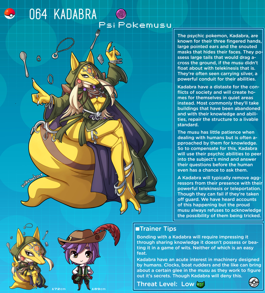 1boy, 1girl, animal_ears, anklet, artist_name, blonde_hair, bracelet, breasts, brown_eyes, character_name, character_profile, claws, cloak, colored_skin, english_commentary, fork, gen_1_pokemon, green_cloak, hair_ornament, hat, highres, hood, hood_up, jewelry, kadabra, kinkymation, large_tail, long_hair, mask, medium_breasts, personification, pokemon, purple_cloak, purple_hair, ring, spoon, star_(symbol), tail, telekinesis, two-tone_cloak, under_boob, yellow_skin
