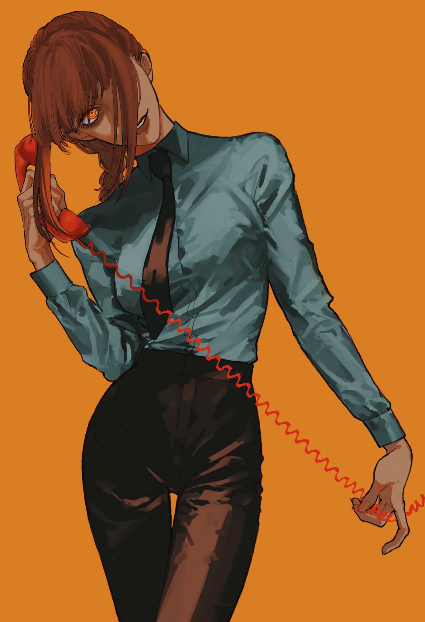 1girl, black_neckwear, black_pants, braid, braided_ponytail, breasts, chainsaw_man, closed_mouth
