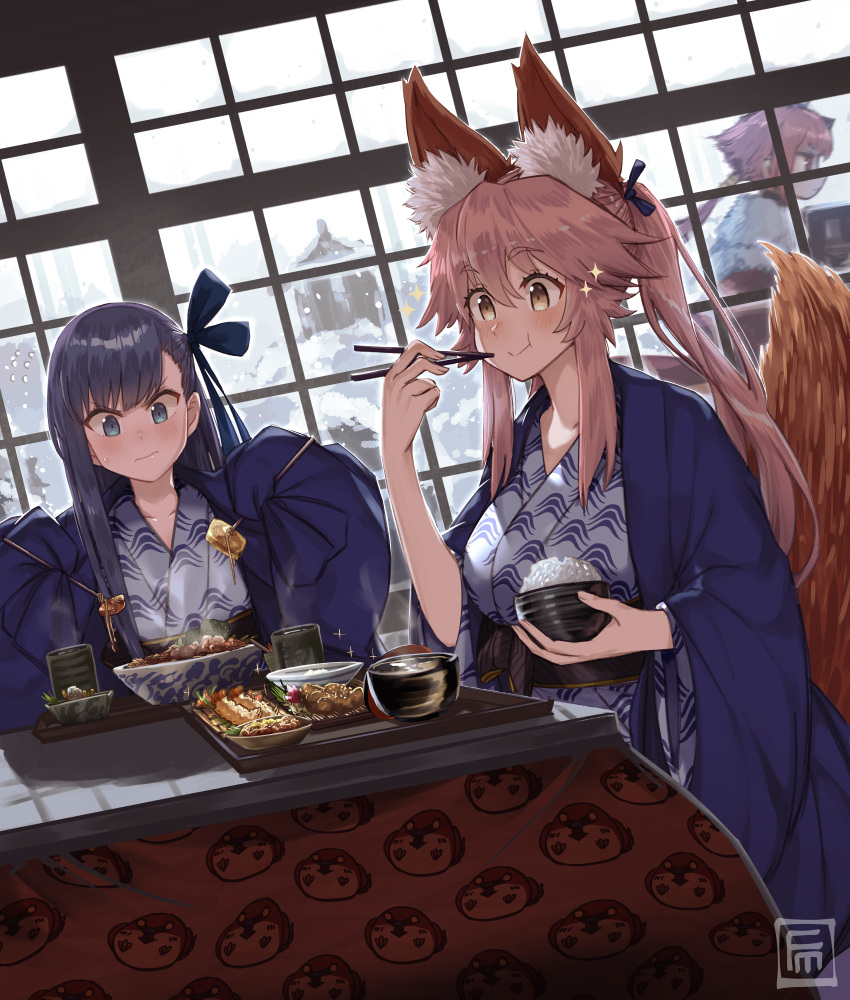 3girls, animal_ear_fluff, animal_ears, bangs, benienma_(fate), blue_eyes, blue_ribbon, blush, breasts, fate/extra, fate/extra_ccc, fate/grand_order, fate_(series), fox_ears, fox_girl, fox_tail, fumafu, hair_between_eyes, hair_ribbon, highres, large_breasts, long_hair, long_sleeves, meltryllis_(fate), multiple_girls, pink_hair, purple_hair, ribbon, sidelocks, sleeves_past_fingers, sleeves_past_wrists, small_breasts, tail, tamamo_(fate)_(all), tamamo_no_mae_(fate), very_long_hair, yellow_eyes