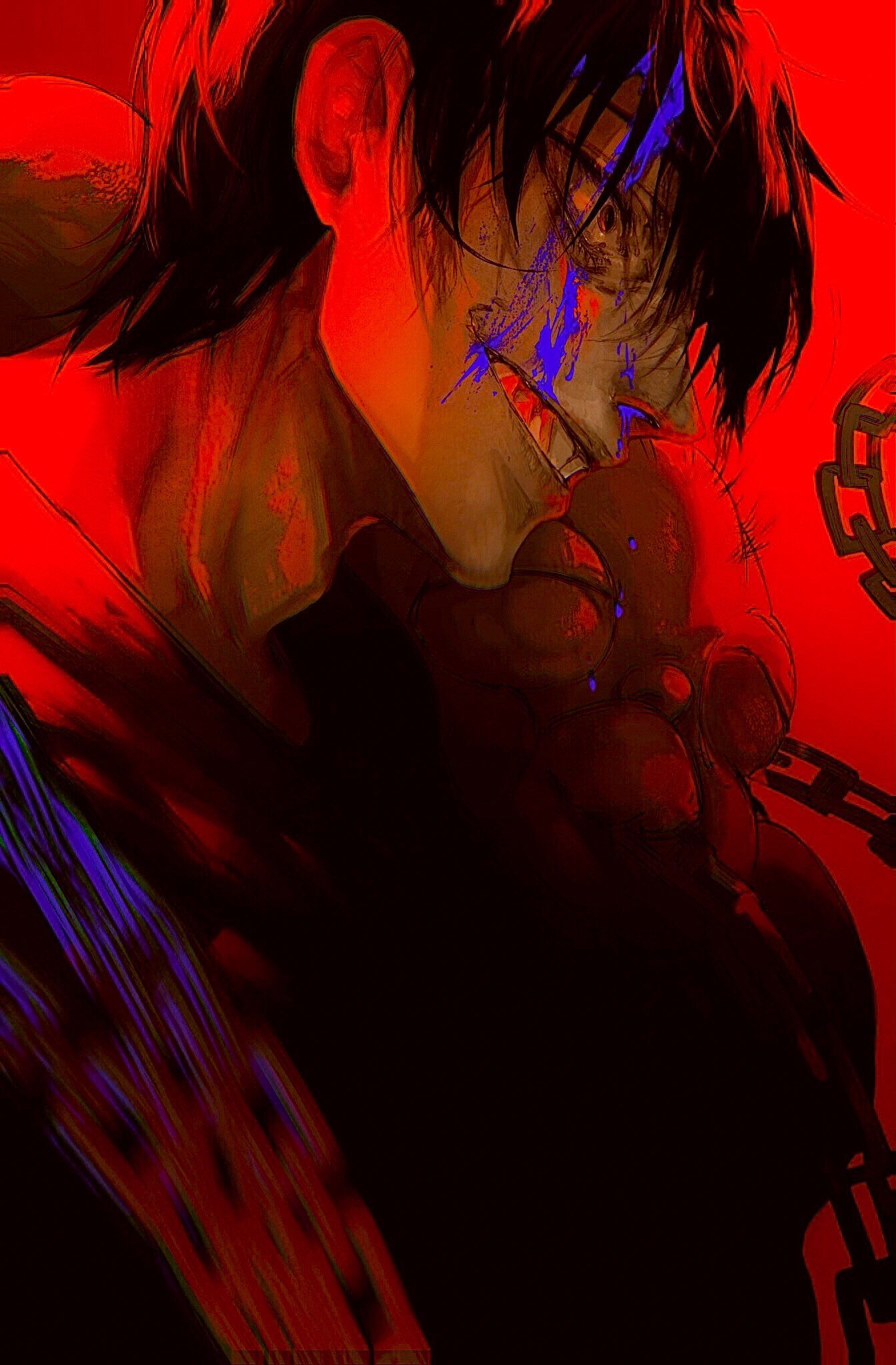 1boy, bangs, black_eyes, black_hair, black_shirt, blood, blood_on_face, blue_blood, chain, closed_eyes, crazy_eyes, crazy_smile, creature, dos_(dos_1013), fushiguro_touji, gradient, gradient_background, highres, jujutsu_kaisen, looking_to_the_side, male_focus, motion_blur, nosebleed, open_mouth, red_background, shirt, short_hair, simple_background, smile, solo, teeth, upper_body, weapon, wide-eyed