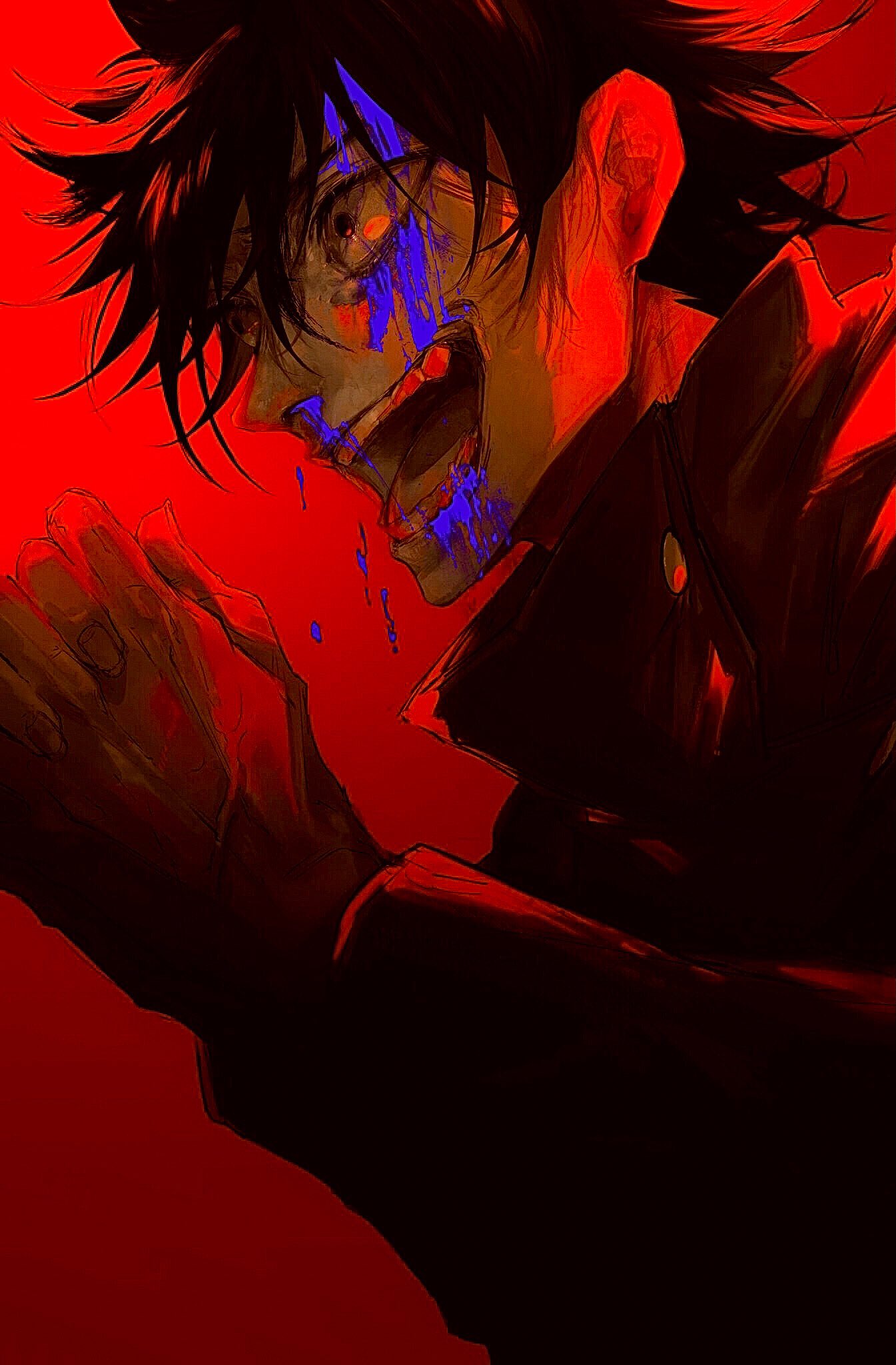 1boy, black_eyes, black_hair, black_shirt, blood, blood_from_mouth, blood_on_face, blue_blood