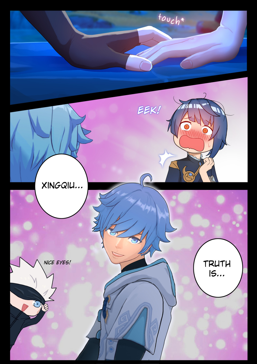 2boys, absurdres, black_clothes, black_hair, blindfold, blue_hair, blush, chongyun_(genshin_impact)