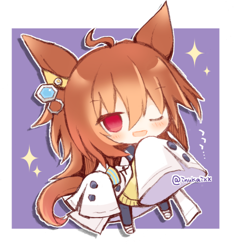 1girl, ;d, agnes_tachyon, animal_ears, bangs, black_legwear, blush, brown_hair