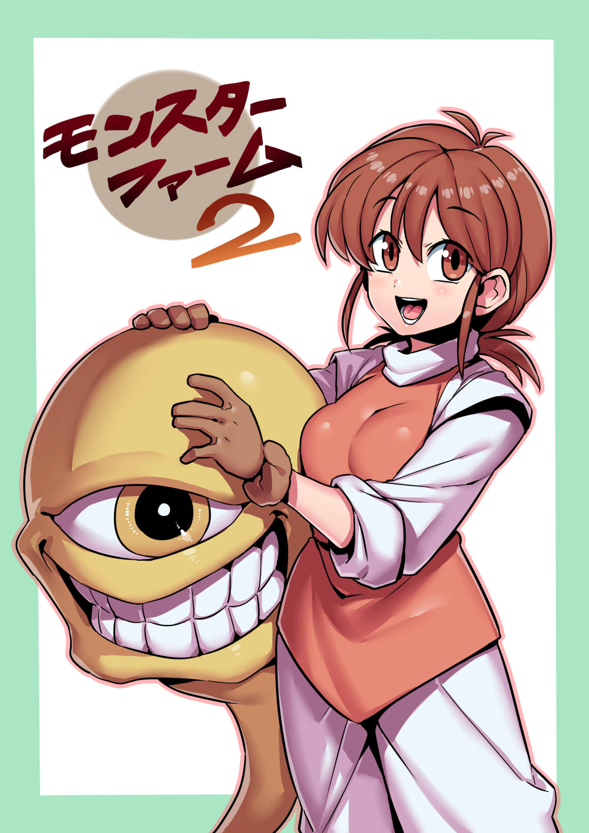1girl, breasts, brown_eyes, brown_hair, colt_(monster_farm), eyebrows_visible_through_hair, gloves, highres