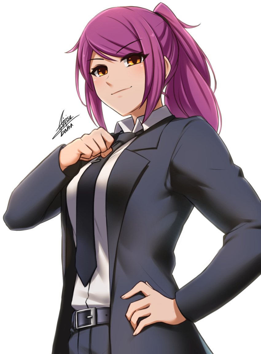 1girl, airisubaka, belt, black_neckwear, black_pants, black_suit, brown_eyes, commentary