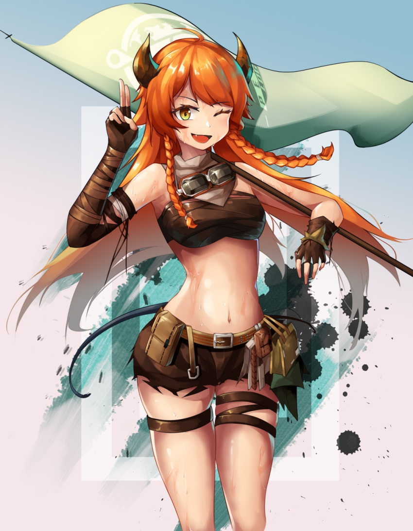 1girl, ;d, ahoge, arknights, bandaged_arm, bandages, bandeau, bangs