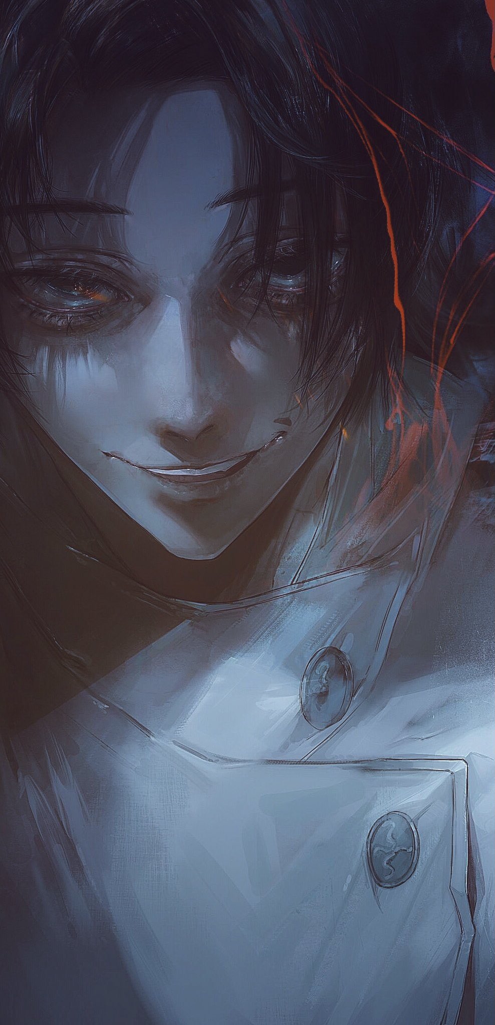 1boy, bangs, black_eyes, black_hair, dark, dos_(dos_1013), hair_between_eyes, high_collar
