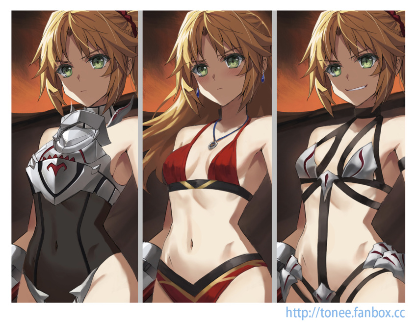1girl, armor, bangs, bare_shoulders, bikini_armor, black_legwear, blonde_hair, blush